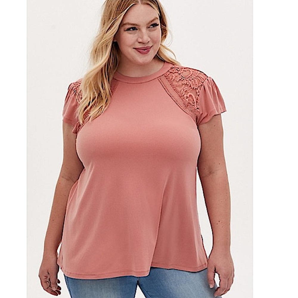 Torrid Dusty Coral Crepe Lace Inset Cap Sleeve Top